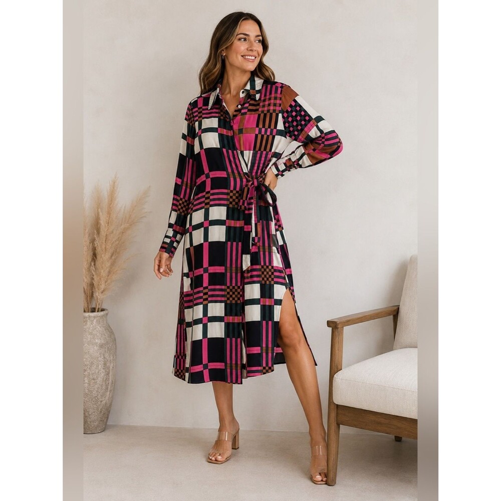 Vilagallo Esther Dress EU 42 Plaid Wrap Shirt Dress Pink Green Side Slit